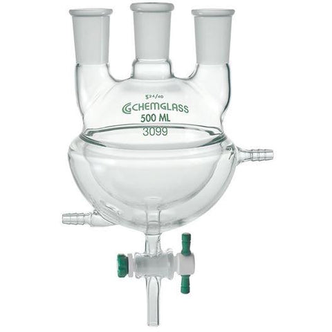 Round Bottom Flasks, Heavy Wall, 3-Neck, Half Jacketed, PTFE Stopcock