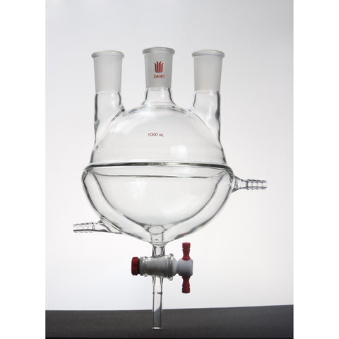 Flask, Round Bottom, Three Neck, Half-Jacketed, Stopcock Drain