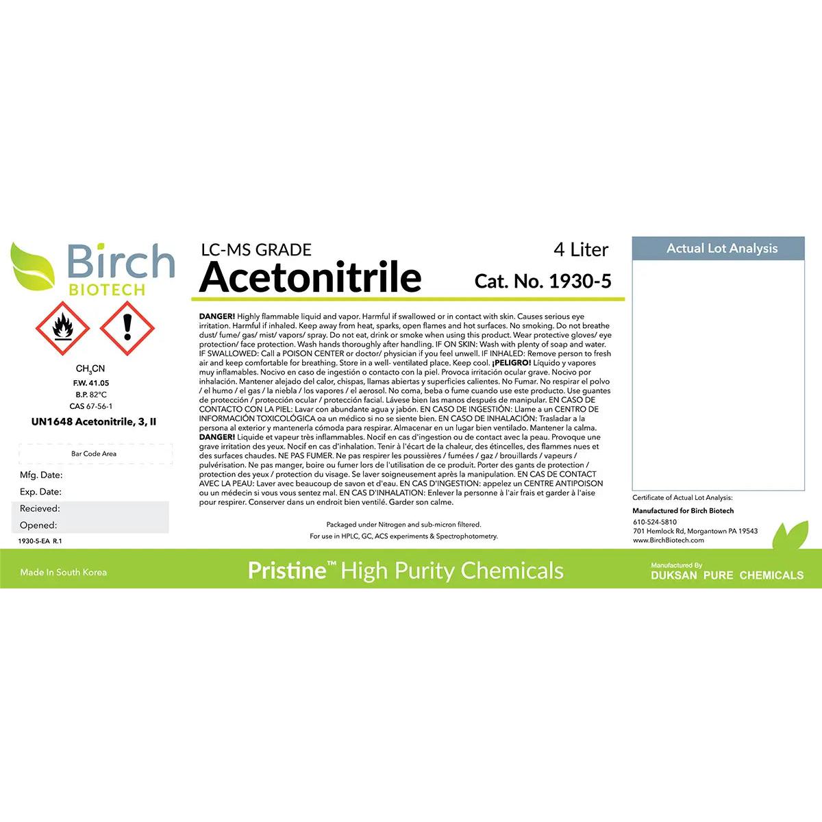 PRISTINE® Acetonitrile, LC-MS Grade, Liquid Chromatography Mass Spectr