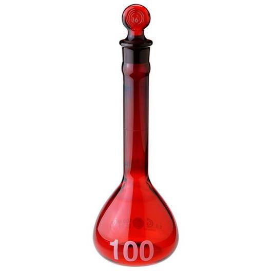 Volumetric Flasks, Red Stained, Class A, Wide Mouths, Heavy Duty, Glass Stoppers