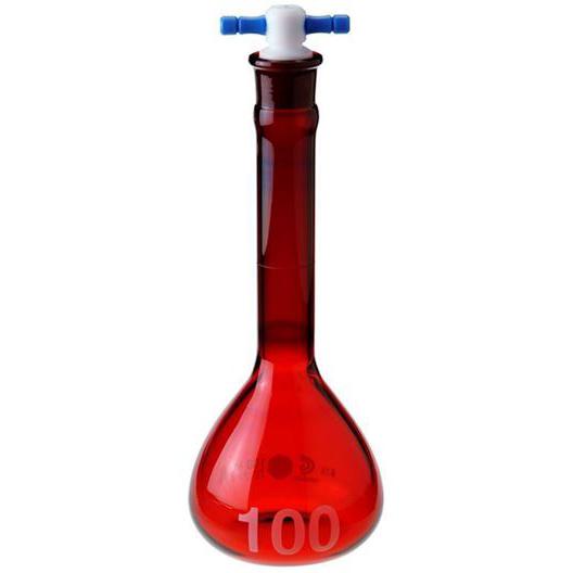Volumetric Flasks, Red Stained, Class A, Wide Mouths, Heavy Duty, PTFE Stoppers